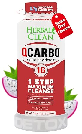 Herbal Clean Qcarbo16 Same-Day Detox Cleanse Drink 16 fl oz - Dragon Fruit Flavor Full Body Cleanse* Detox Drink for Moderate Toxin Level*, Vitamin B2 and Vitamin B12 for Men & Women