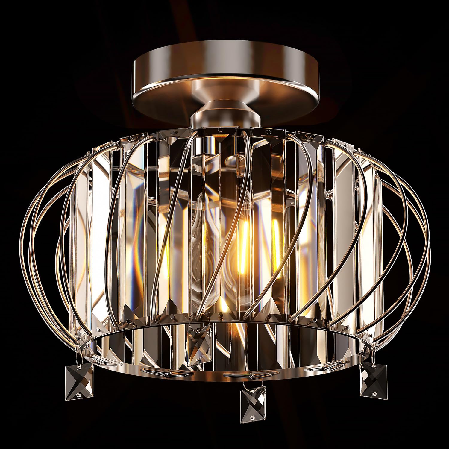 ANWIO Lustre en Cristal Moderne Argent, E27 Plafonnier Led Cuisine Ø280mm, Luminaires Intérieur pour Salon, Chambre, Salle à Manger