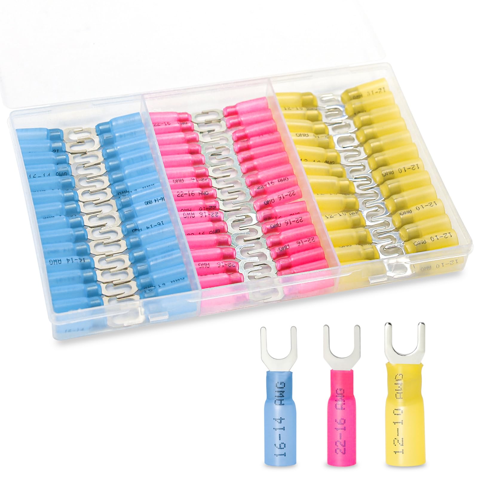 ZONBANG 180PCS Fork Connectors Heat Shrink, Fork Connector Tinned Copper, Fork Terminals Waterproof #10, 12-10 16-14 22-16 Gauge.