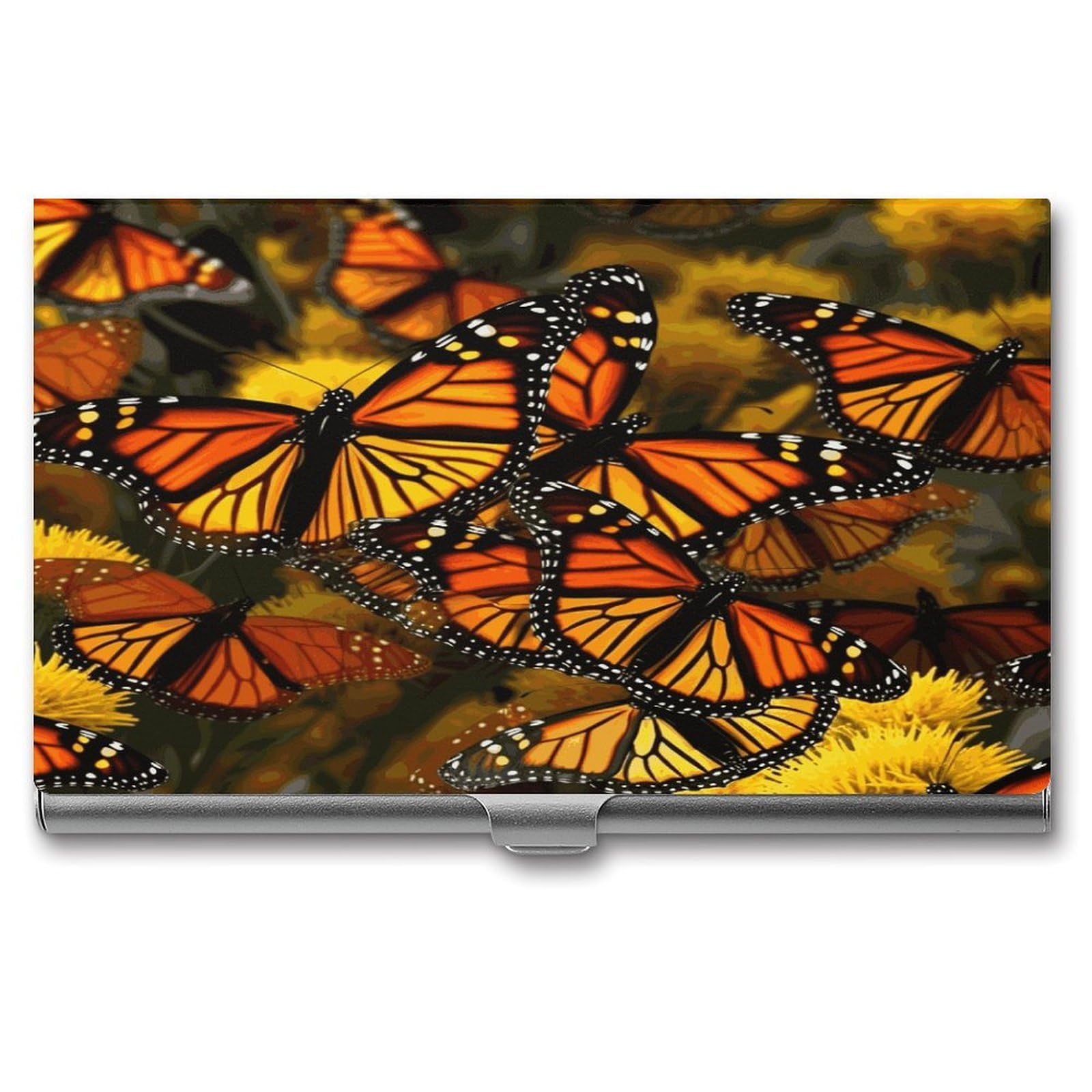 JTREHY Monarch Butterflies Business Card Holder Slim Purse Name Card Holder Portable Metal Business Card Case Wallet Large Capacity Lightweight Business Card Case for Men Women
