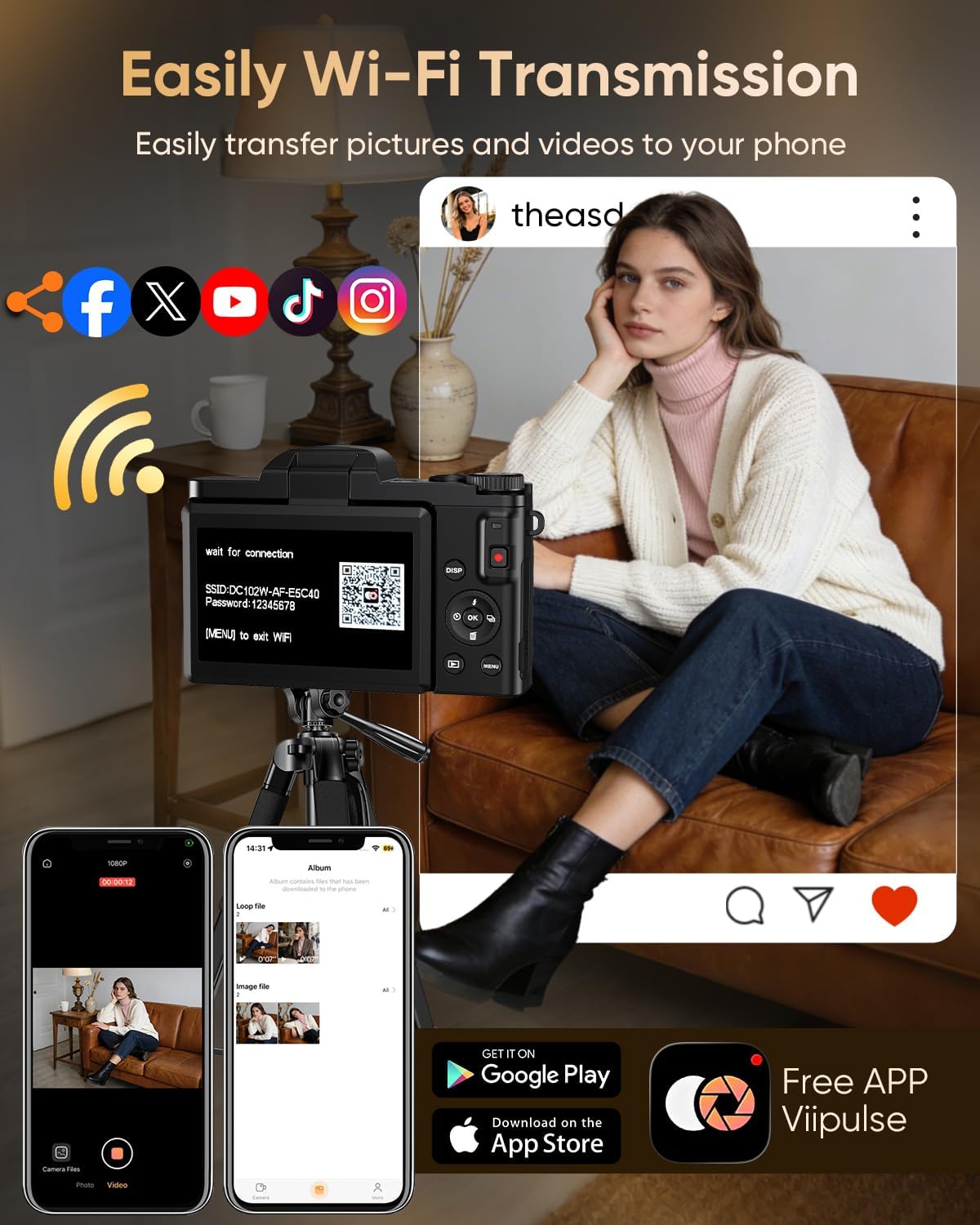 4K Digital Camera for Photography with WiFi,64MP Autofocus 3'' 180° Flip Screen 16X Zoom Vlogging Camera for YouTube, Compact Travel Camera for Beginners, Anti-Shake, 32GB Card, 2 Batteries, Black