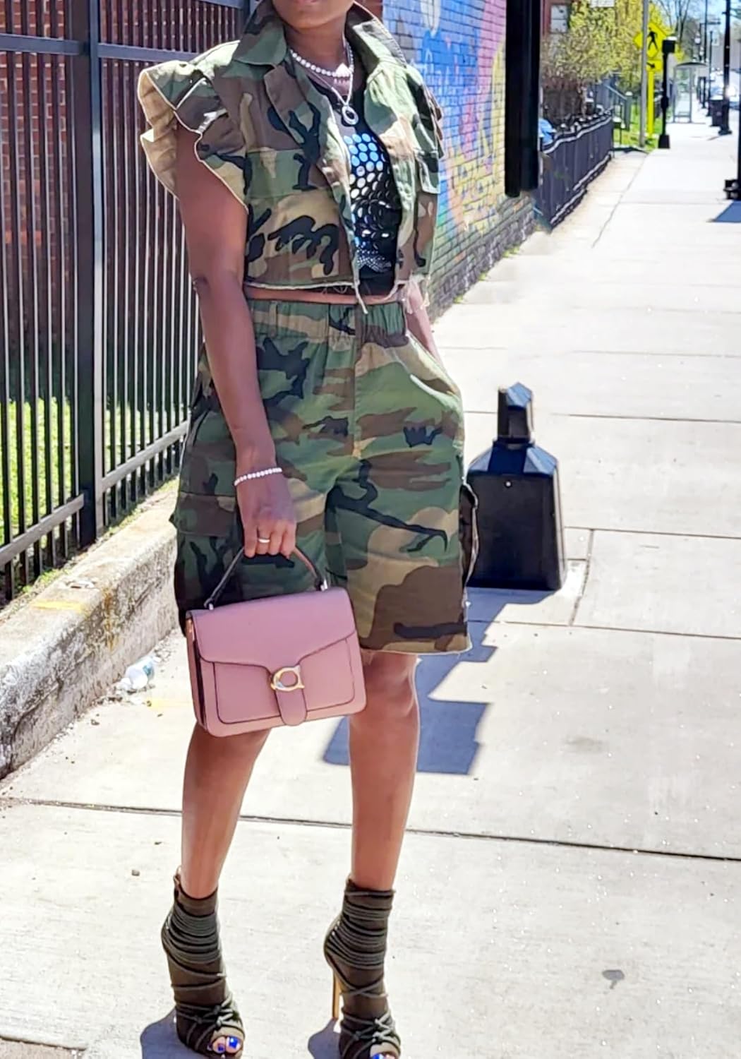 Vaceky Cropped Denim Jacket Women Distressed Camouflage Button Down Shirt Jean Jackets - Image 4