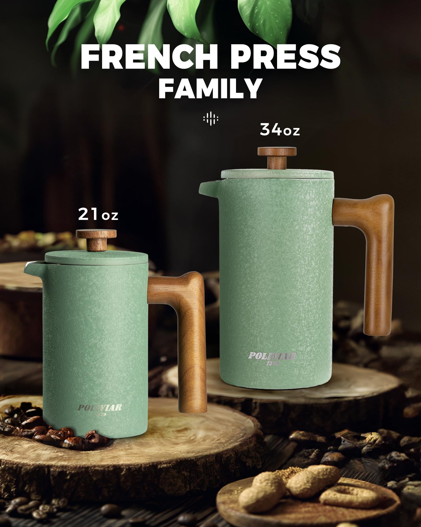 POLIVIAR Cafetiere - Cafetera de prensa francesa de 21 onzas con mango de madera, prensa de café de acero inoxidable para buen café y té, cafetera aislada de doble pared con 1 filtro adicional