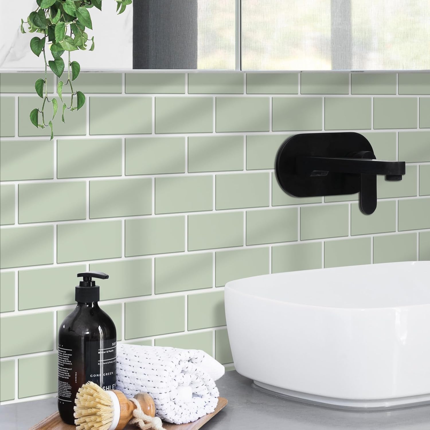 Alwayspon 10 Sheets 10"x10" Sage Green 3D Vinyl Backsplash Marble Tiles, Self-Adhesive Peel and Stick Wall Tile Stickers Stick on Subway Tiles for Kitchen Bathroom Wall, 129