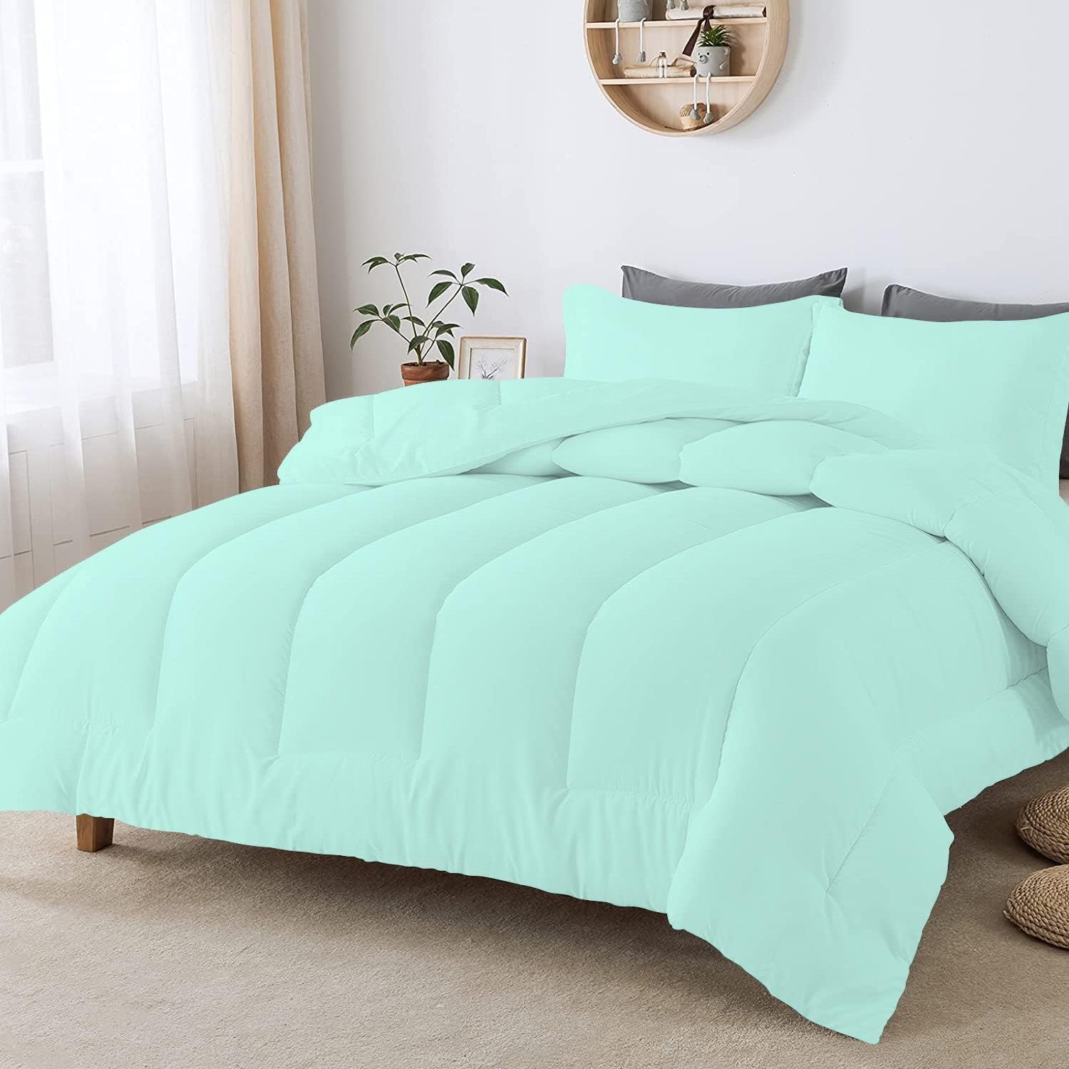 Tony's Textiles 5 Piece Straight Line Pattern Comforter Set Premium Super Soft 600 GSM All Season | 1000 Thread Count | 100% Egyptian Cotton - Oversized Super King Size, Aqua Blue Color
