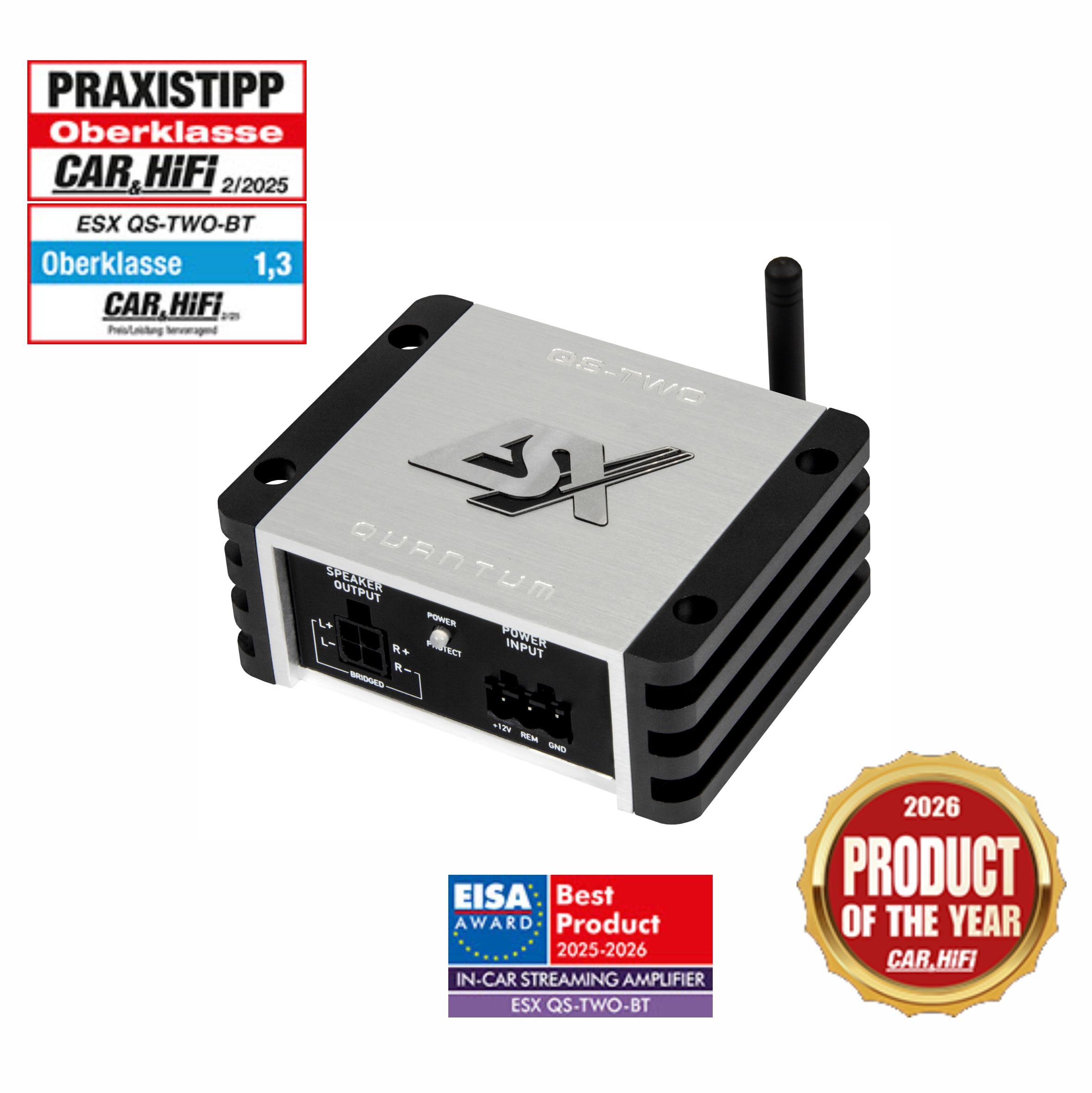 ESX Quantum QS-Two-BT-ISO | 2-Kanal Class D Mini-Verstärker mit integriertem Bluetooth für Audiostreaming |190 W RMS | ISO-Anschluss | Quantum-Serie