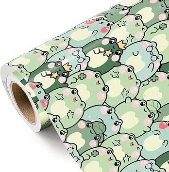 WRAPAHOLIC Frog Wrapping Paper Roll - Mini Roll - 17 Inch x 16.5 Feet - Cute Chubby Frog Animal Wrapping Paper Perfect for Kids Boy Girl Birthday, Baby Shower
