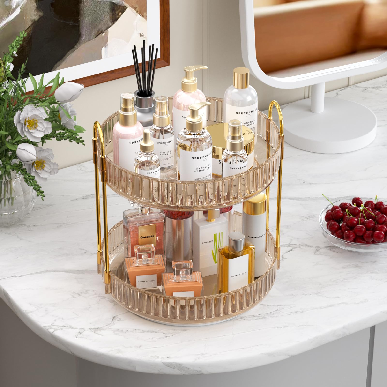MOACC Make Up Kosmetik Organizer, 360° Drehbar Aufbewahrung, Schmink Organizers für Dresser Schminktisch Skincare Aufbewahrungssystem, 2 Schichten, Bernstein
