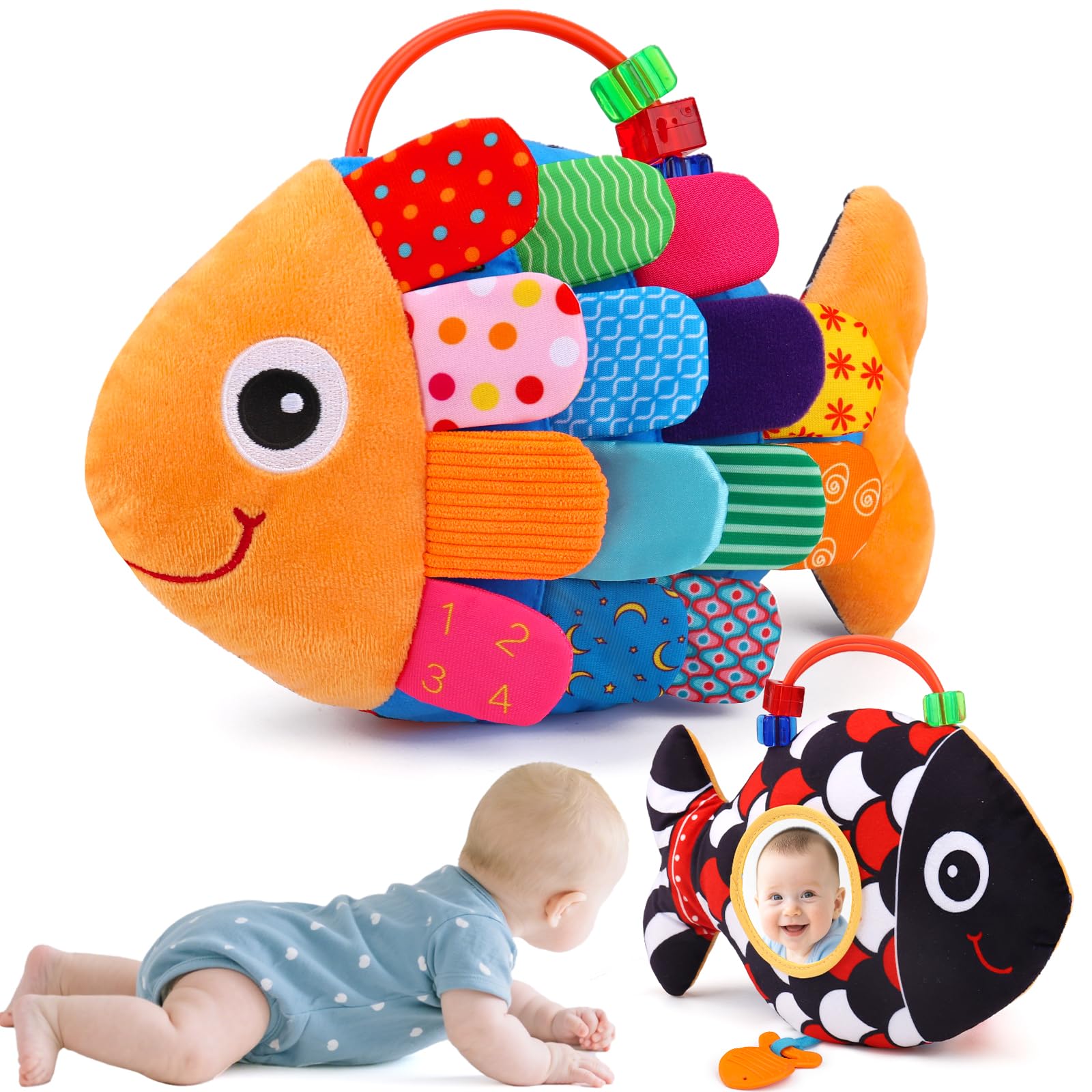 Baby Sensory Tummy Time Toys 0-6 Months Music Fish Toy for Newborn 3 4 5 6 Month Old Black and White High Contrast Infant Toys with Mirror Crinkle Rattle for 3-6 6-12 Months Baby Boy Girl Shower Gifts
