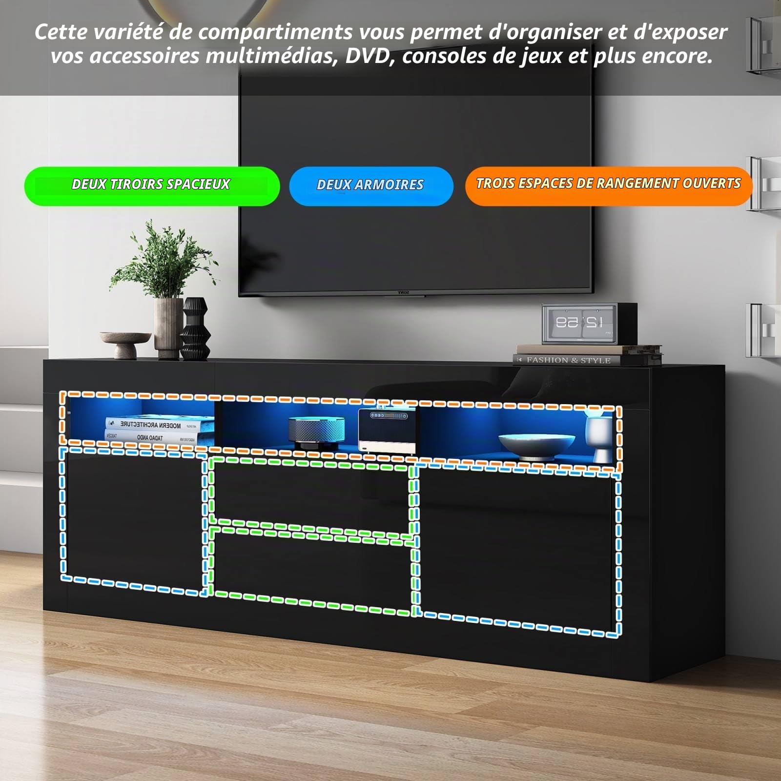 KOMHTOM Meuble TV 160 cm Longueur Noir avec LED et Rangement Table Television Salon avec Deux tiroirs et Portes Meuble de Salon Moderne (Noir, 160 x 35 x 60 cm)