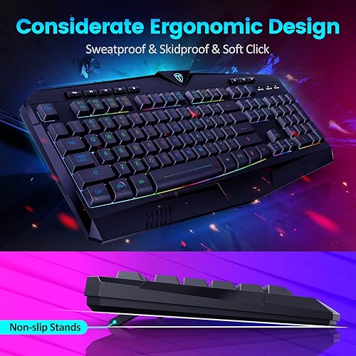 Miniatura 3 de Teclado para videojuegos, teclado silencioso con retroiluminación RGB de tamaño completo, reposamuñecas, teclas silenciosas, teclas multimedia,