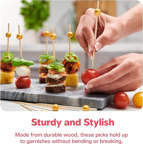 Miniatura 28 de GUSTO [1000 unidades] Púas de volantes de 4 pulgadas, palillos de cóctel y palillos de dientes de comida – Pinchos de madera para bebidas
