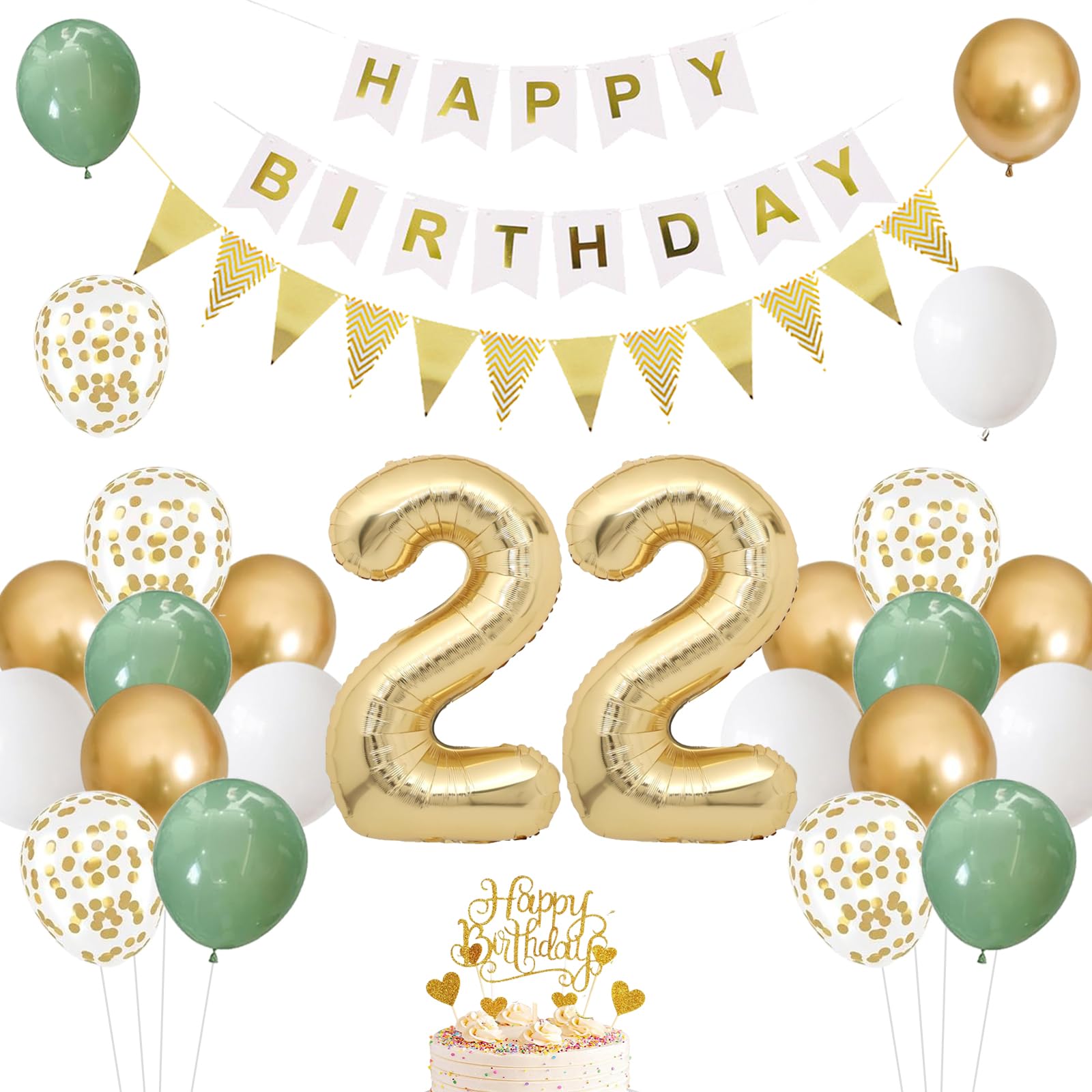 22nd Birthday Decoration, 22nd Birthday Woman Sage Green Gold, Birthday Decoration 22 Years Woman, Balloons 22nd Birthday Happy Birthday Garland Balloon 22 Decoration for Birthday, Birthday Decoration