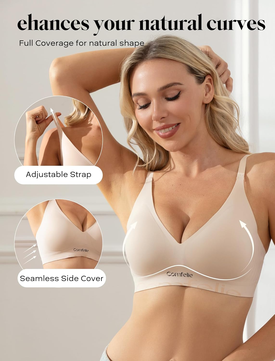 COMFELIE Seamless Wireless T-Shirt Bra for Women Full Coverage No Underwire Light Lift with Adjustable Straps Everyday Bra - Image 2