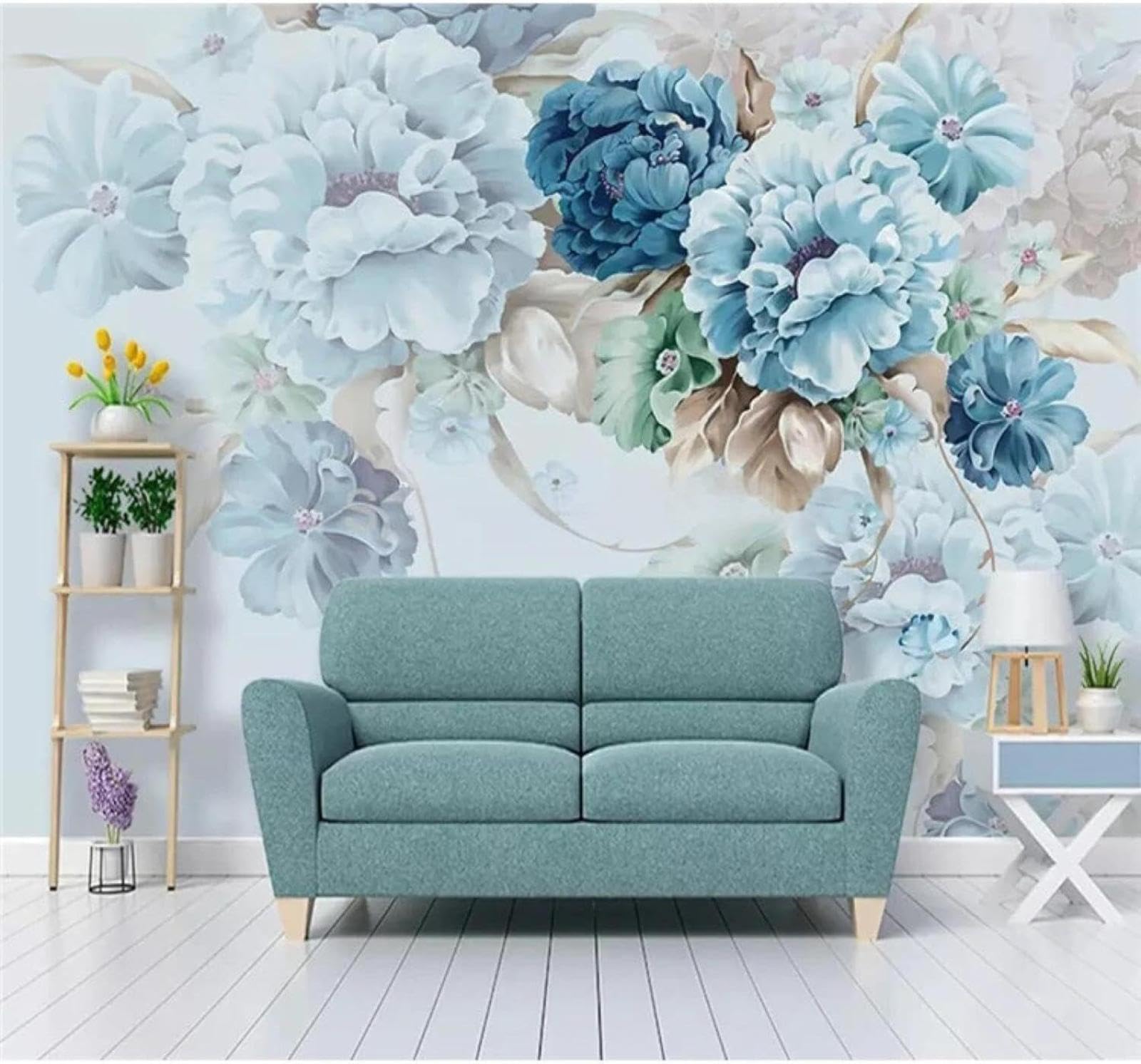 Xlming 250Cm×170Cm(B×H) Hand Drawn Beautiful Blue Peonies Pastoral 3D Wallpaper Luxury Home Dining Decor Paste Sofa Living Room The Wall For Bedroom Mural-250Cm×170Cm
