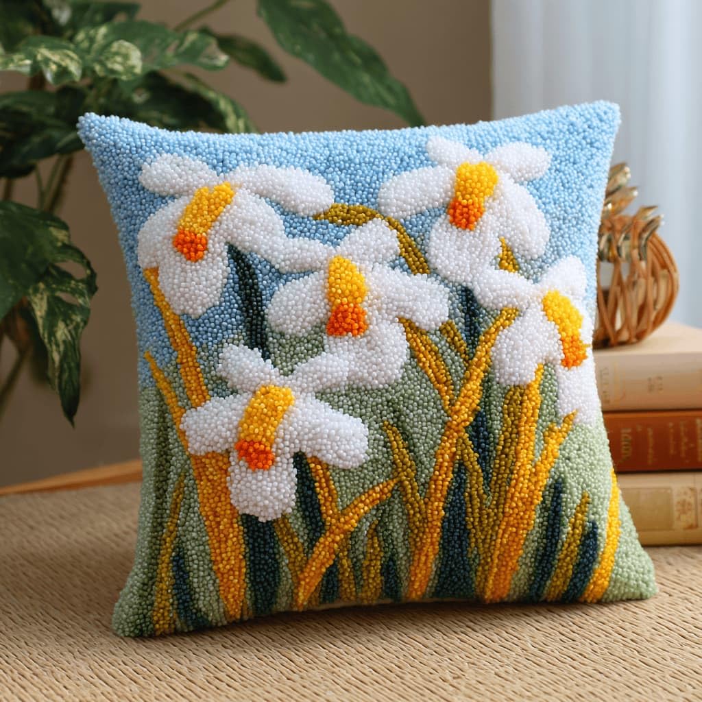 Kitquiver Latch Hook Kits for Adults Lily Rug Cover Pillowcase Beginner DIY Needlework Embroidery Kits Handmade Set Craft Sofa Home Decor 43X43Cm