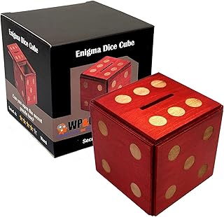 Puzzle Box Enigma Dice Cube - Money and Gift Holder in a Wooden Magic Trick Lock with Hidden Compartment Piggy Bank Brain Teaser Game (Red)