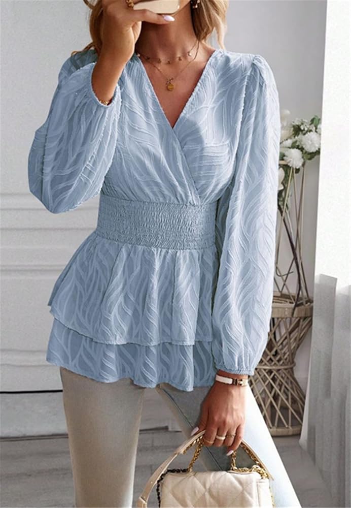 Surplice Neck Leaf Print Shirred Waist Tiered Peplum Hem