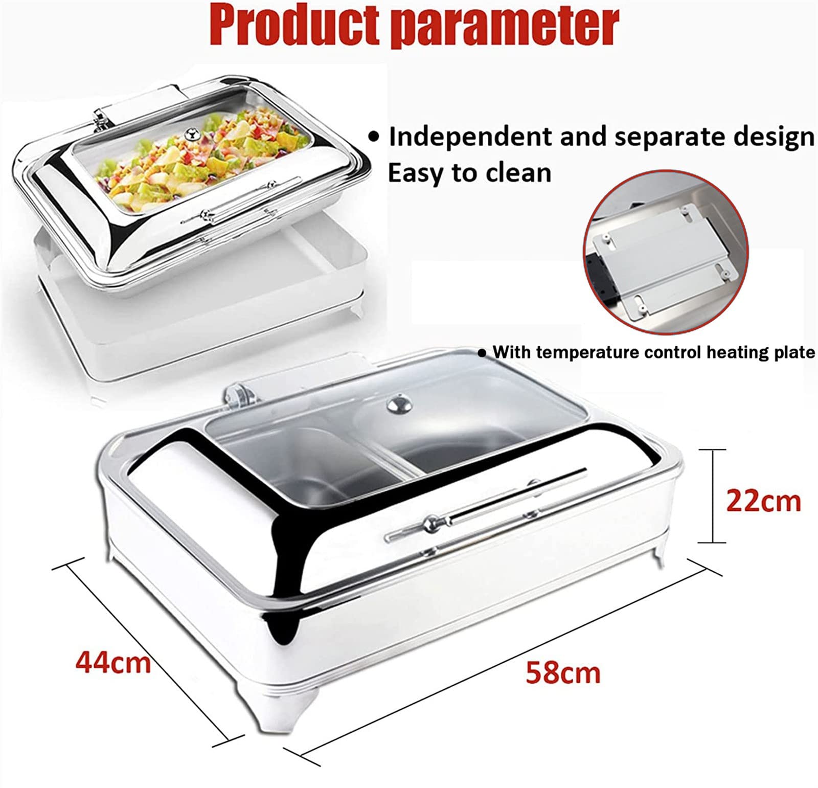 Scaldavivande Professionale a Buffet Per Piatti a Buffet, Chafing Dish Scaldavivande Elettrico Acciaio Inox,Server a Buffet Rettangolare Catering Warmer,Coperchio Visibile in Vetro,Rimovibile-9l(Size: