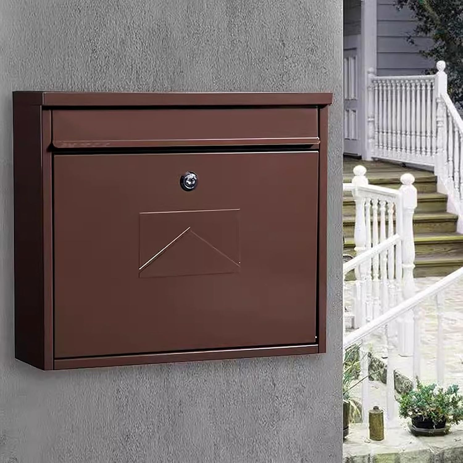 Rust-proof Metal Mailbox Wall-mounted, Large Capacity Lockable Mail Boxes, Secure Key Delivery Box, Galvanized Steel Material, Rainproof Design(Brown)
