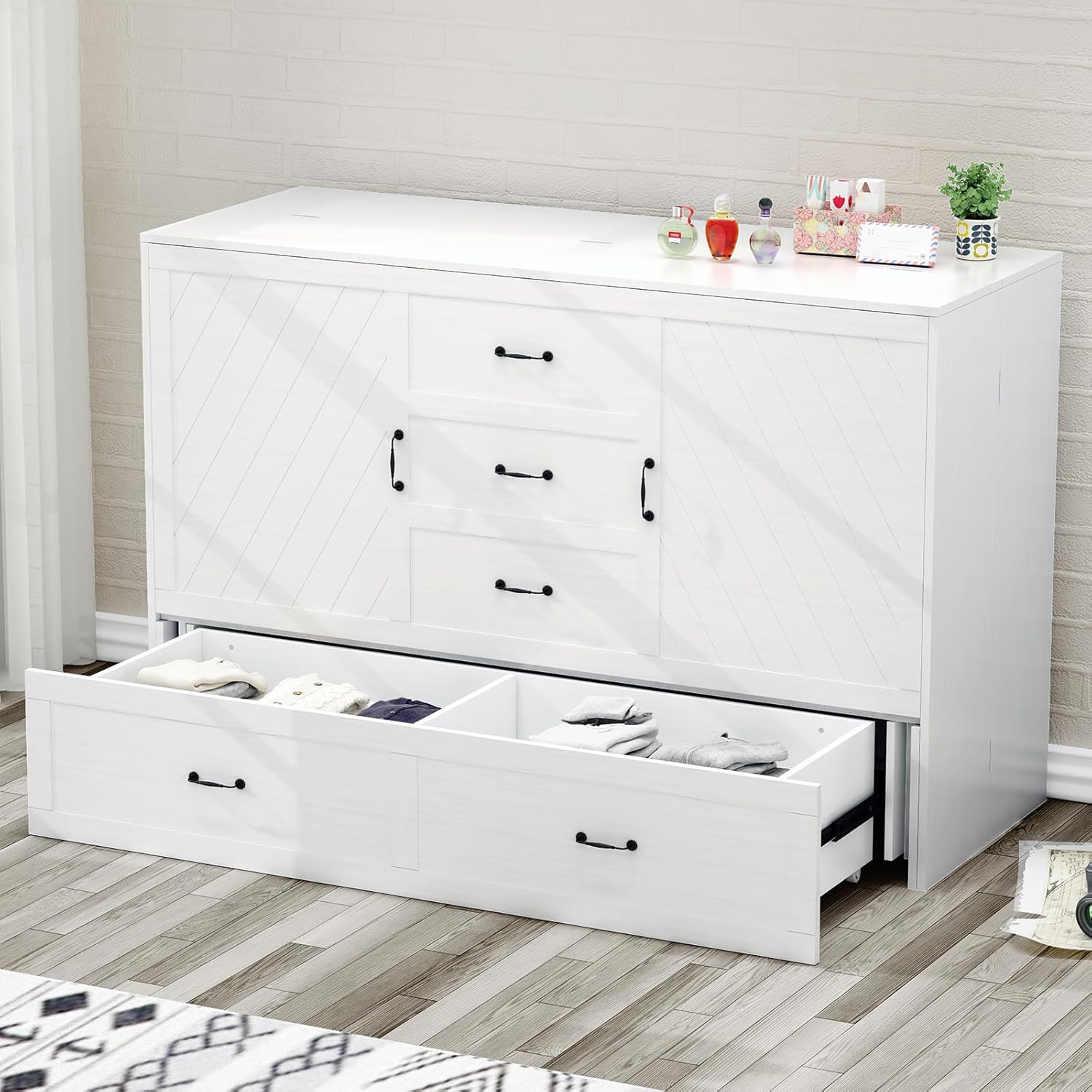 Mjkone Murphy Bed Cabinet with 2 Large Storage Drawers, Murphy Bed Queen with Built-in Charging Station, Chest Bed with Tri-fold Mattress, Murphy Cube Chest Beds for Guest Room, White-Cabinet B