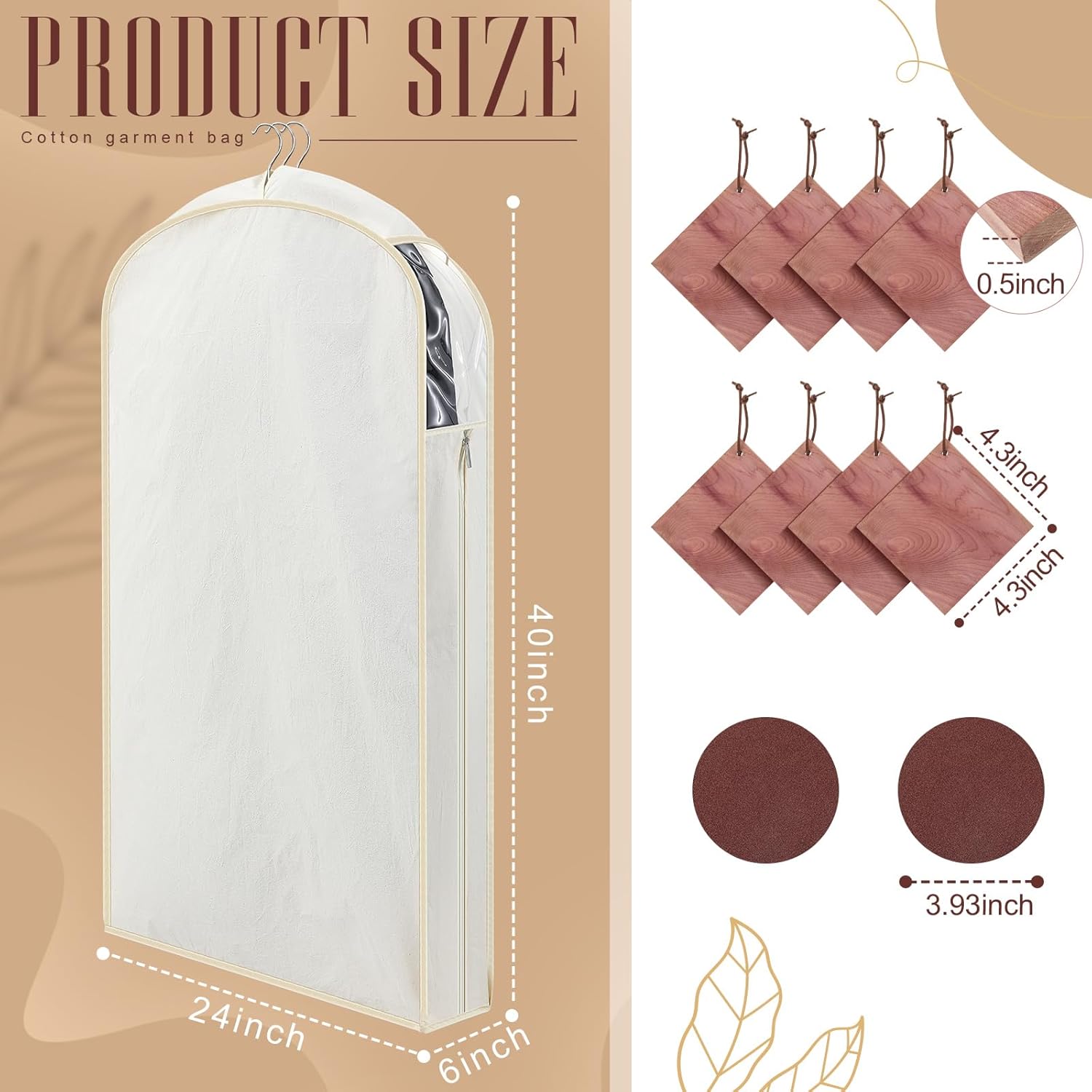 2 Sets 40 Inch Linen Fabric Bags for Hanging Clothes and Storage with Cedar Blocks for Fresh Smell and Moth Protection Sandpaper for Suit Fur Coat Jacket Sweater(Beige)
