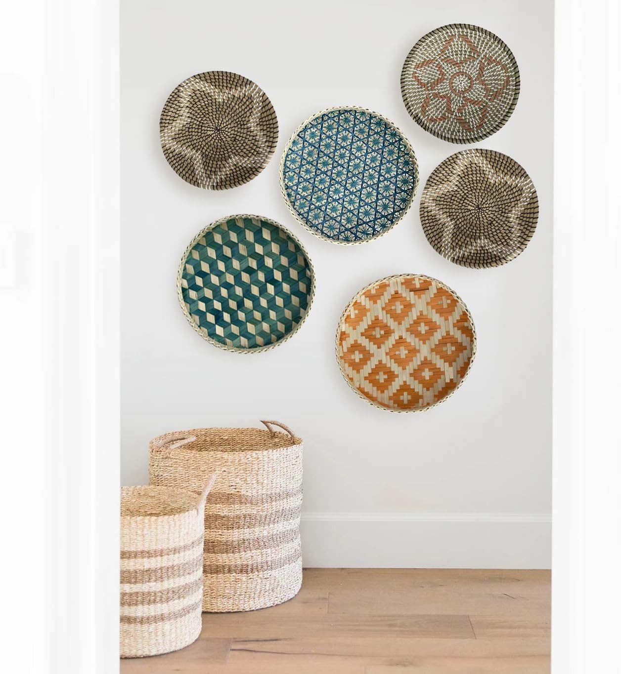 Bamboo Woven Round Basket Tray Rustic Wood Decorative Serving Tray for Breakfast, Drinks, Snack, Coffee Table | Chic Rustic Boho Decor Wall Hanging Home Decoration (Round - Teal)