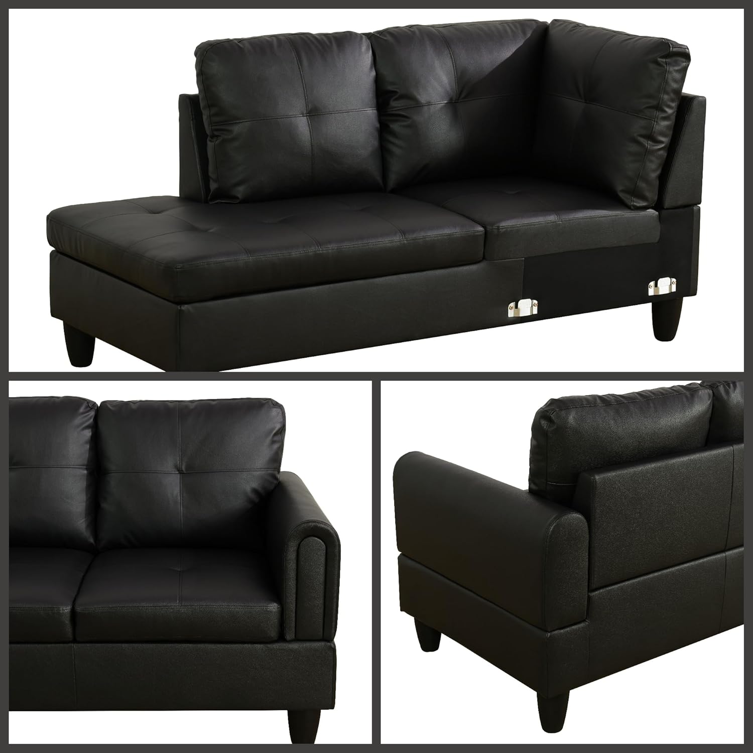 L Shaped Couch Sectional Couches with Chaise, 3 Pieces Modular Convertible Sofa for Living Room Furniture Sets and Small Apartment Faux Leather, Black