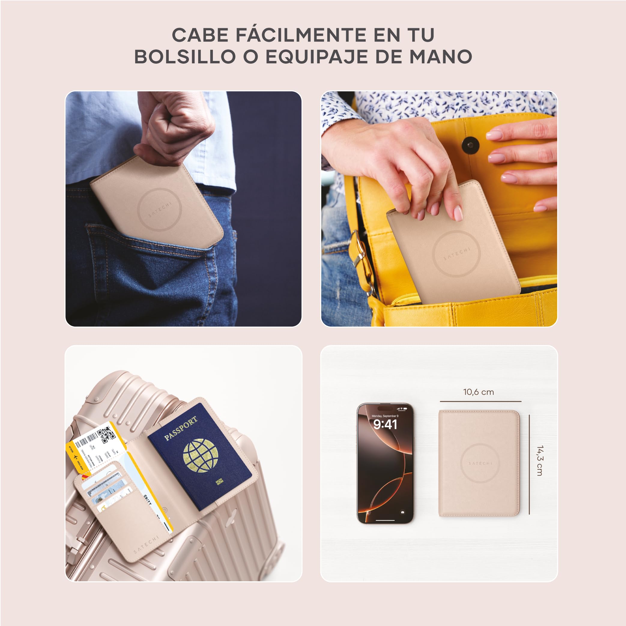 SATECHI FindAll Funda Pasaporte para Viaje con Find My con 4 Slots para Tarjetas, Carga Inalámbrica y Protección RFID, Compatible con App iOS Buscar, Material Premium (PU) - Rose
