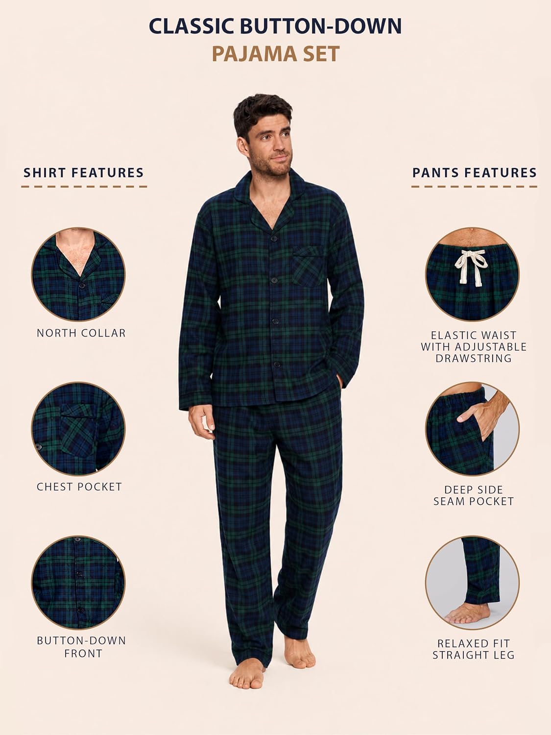 Ashford & Brooks Men’s Flannel Long Sleeve Pajamas Set Plaid Sleepwear & Loungewear Button Down PJ Set