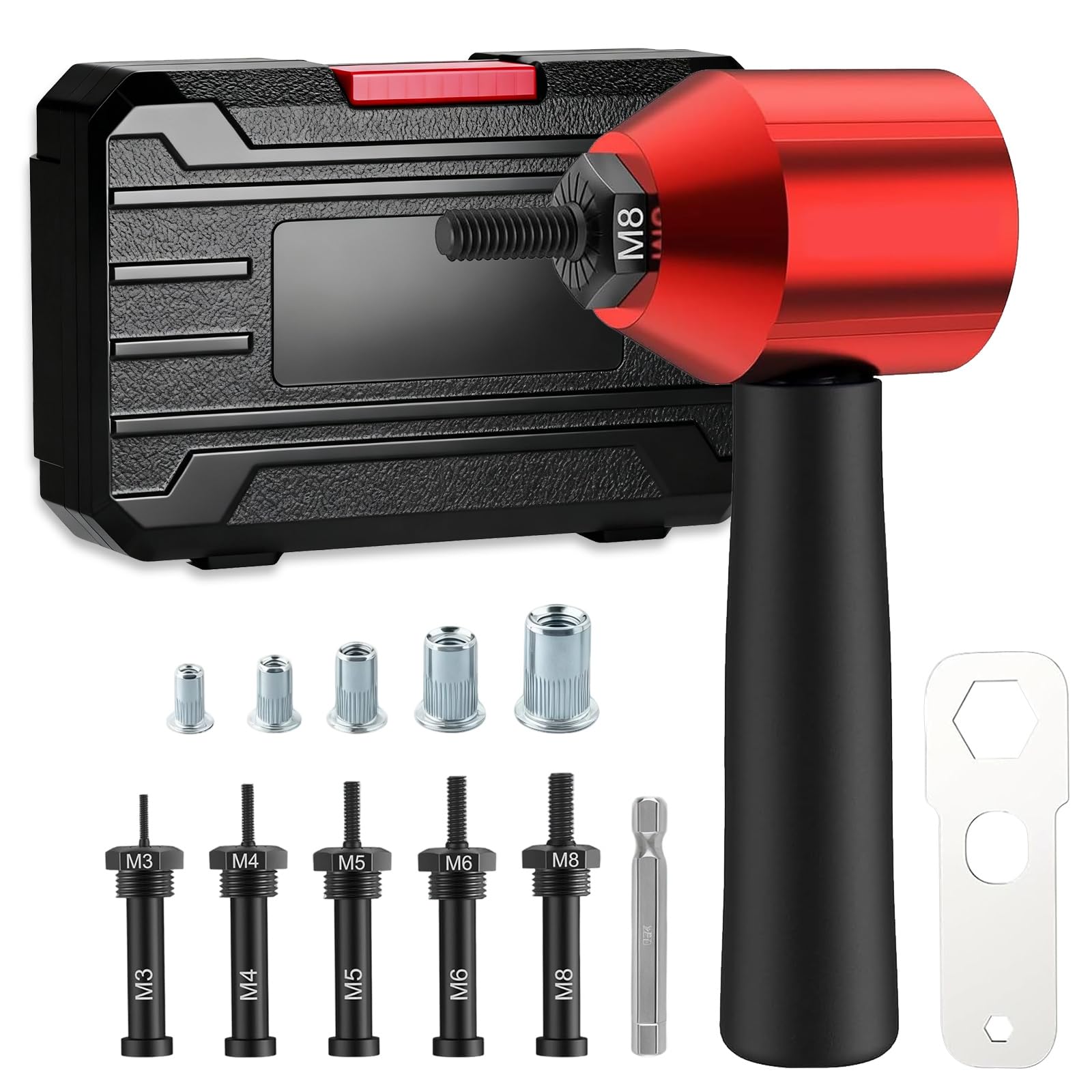 Remachadora de Tuercas 26PCS, Remachadora para Taladro de Acero Aleado, Adaptador de Tuercas Remachables para M3-M8, Herramienta de Montaje para Muebles, Automóviles e Instrumentos