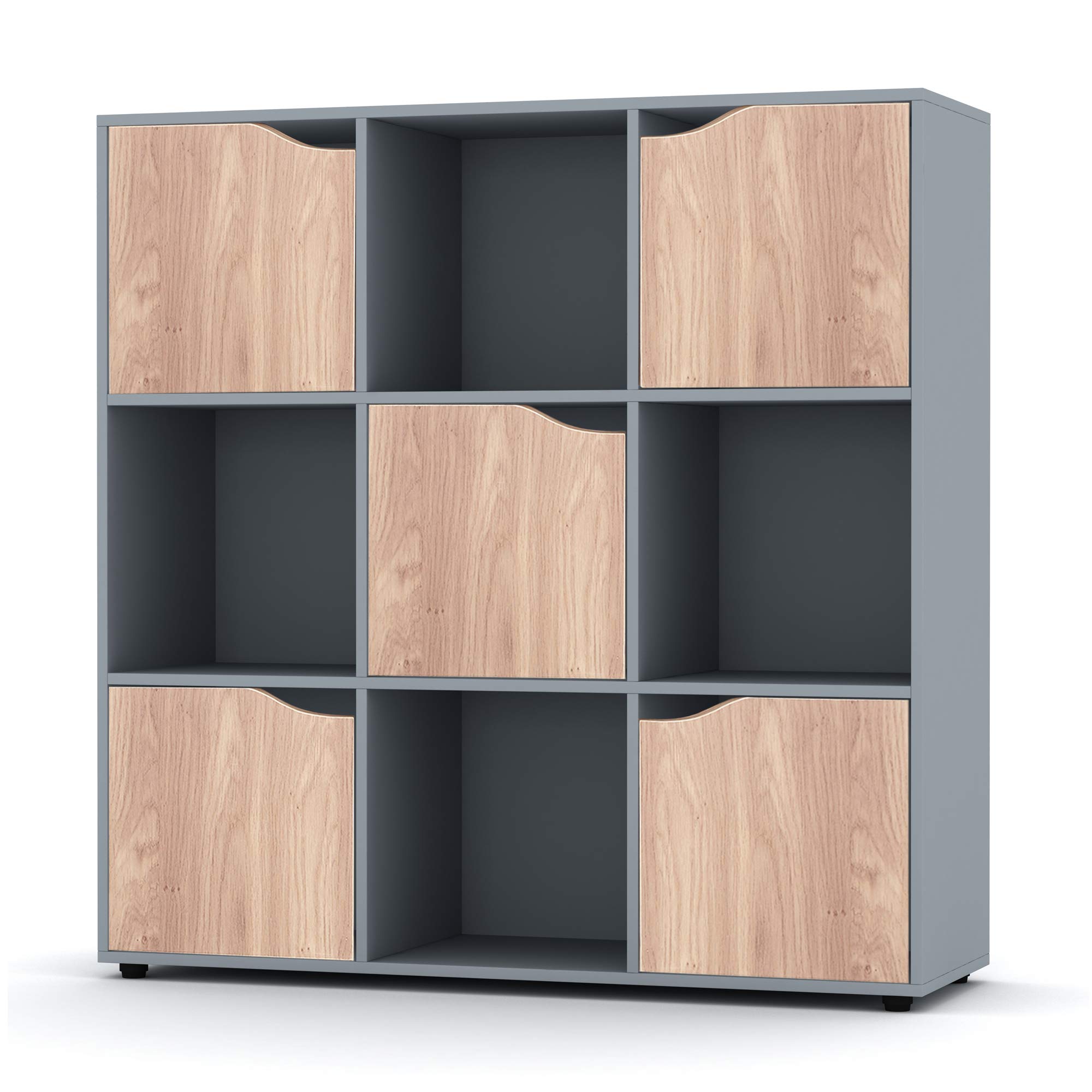 URBNLIVING Wooden Grey Cube Bookcase Shelving Display Shelves Storage Units Wood Shelf Door (Grey Bookcase And Oak Doors, 9 Cube) โ image 1
