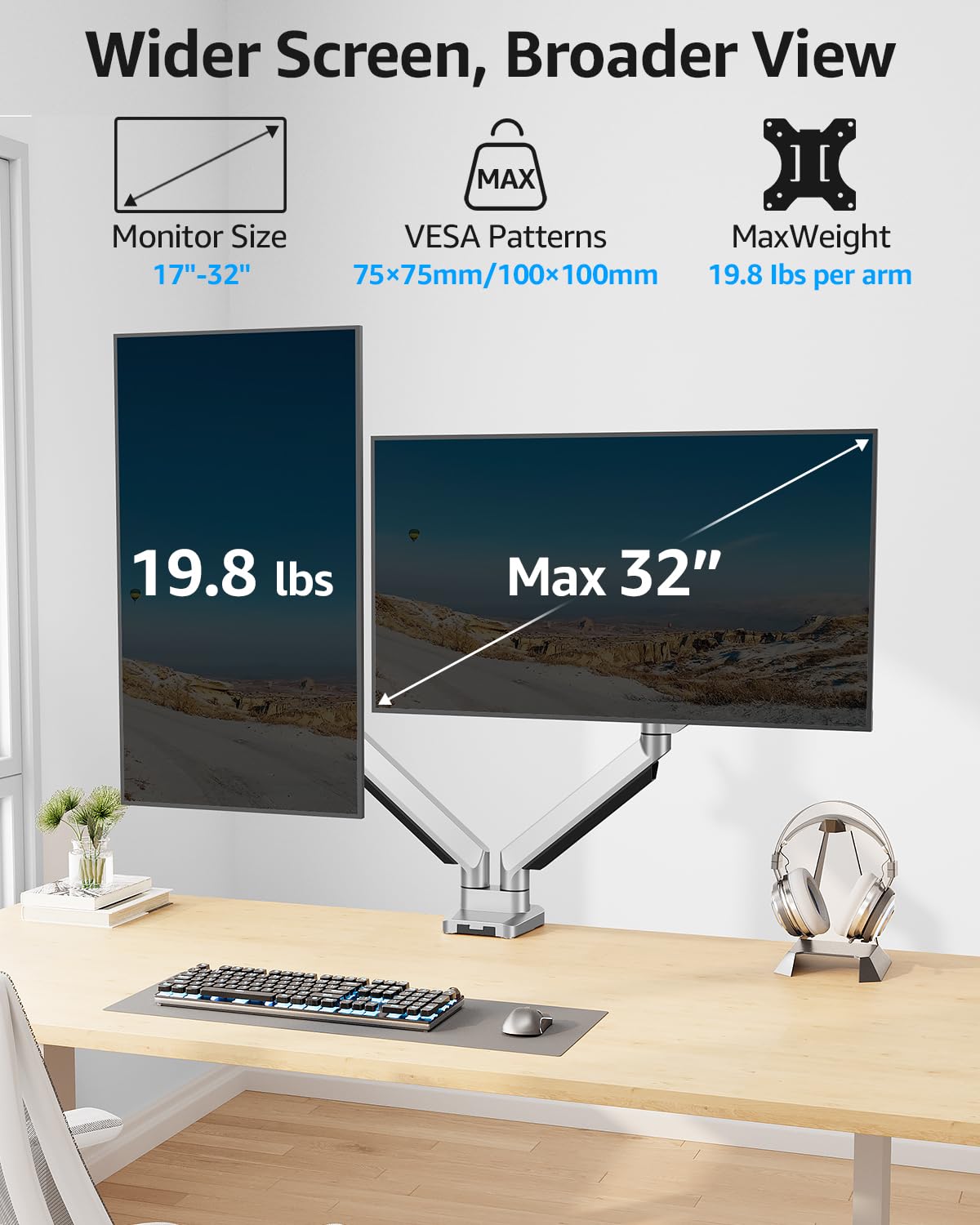 MOUNTUP Supporto da scrivania per doppio monitor, in alluminio pressofuso completamente regolabile, braccio doppio per monitor con molla a gas, supporto per monitor per computer adatto a 2 schermi da
