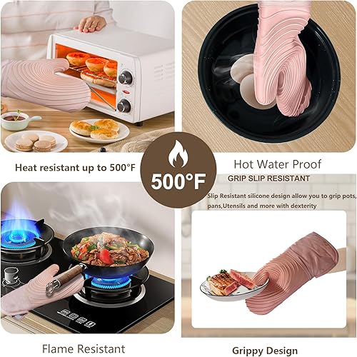 Miniatura 4 de Manoplas de horno de silicona, resistentes al calor, 500 F, agarre duradero, antideslizante, manoplas de horno para cocina, resistentes al calor,