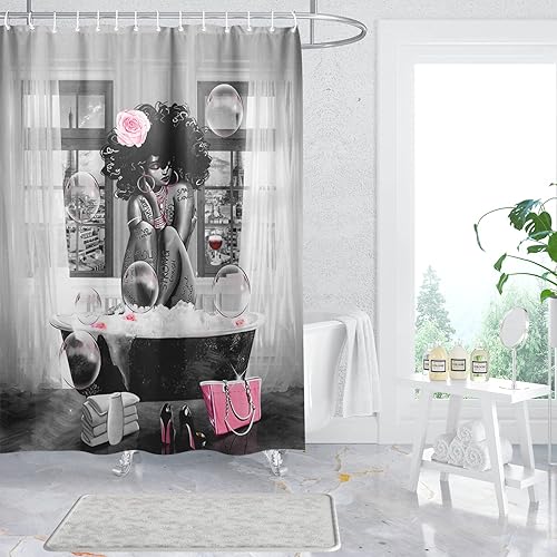 Miniatura 3 de Cortina de ducha de mujer afroamericana, cortina de ducha de tela de poliéster impermeable para baño, cortina de baño gris, lavable a máquina,