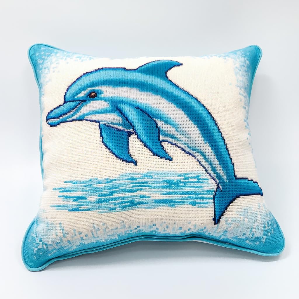 Taxpy Blue Diy Latch Hook Kits For Adults Dolphin Latch Hook Kits Pillowcase Embroidery Kit, Latch Hook Cushion Cover For Adults And Beginners 17X17in