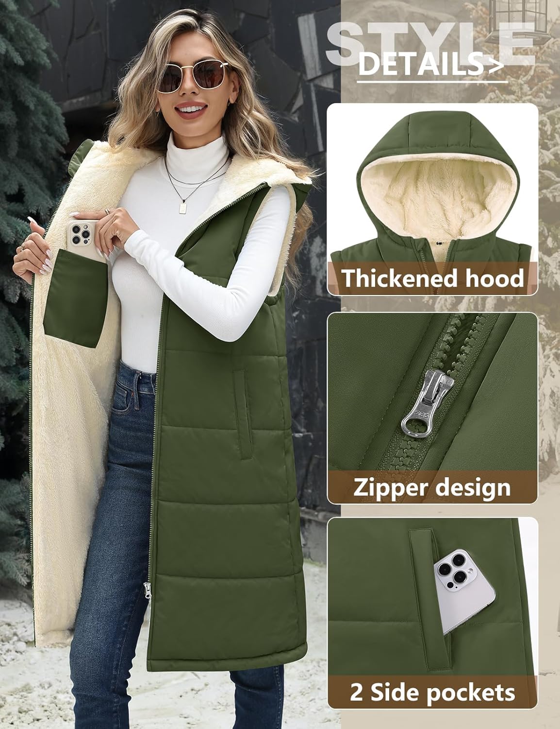 Womens Fall Long Vest - Sleeveless Fleece Lined Coats Sherpa Quilted Puffer Jackets with Hood Zip Warm Winter Outwear - Image 4