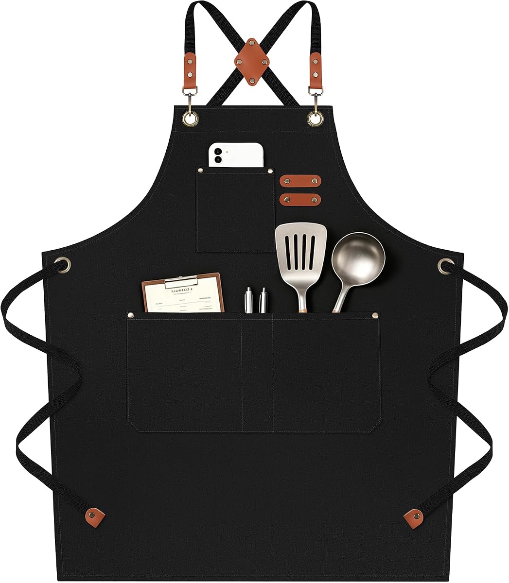 NLUS Chef Aprons for Men Women with 4 Pockets, Water Repellent Cotton Canvas Cross Back Apron