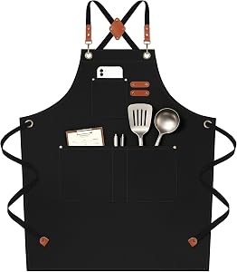 NLUS Chef Aprons for Men Women with 4 Pockets, Water Repellent Cotton Canvas Cross Back Apron