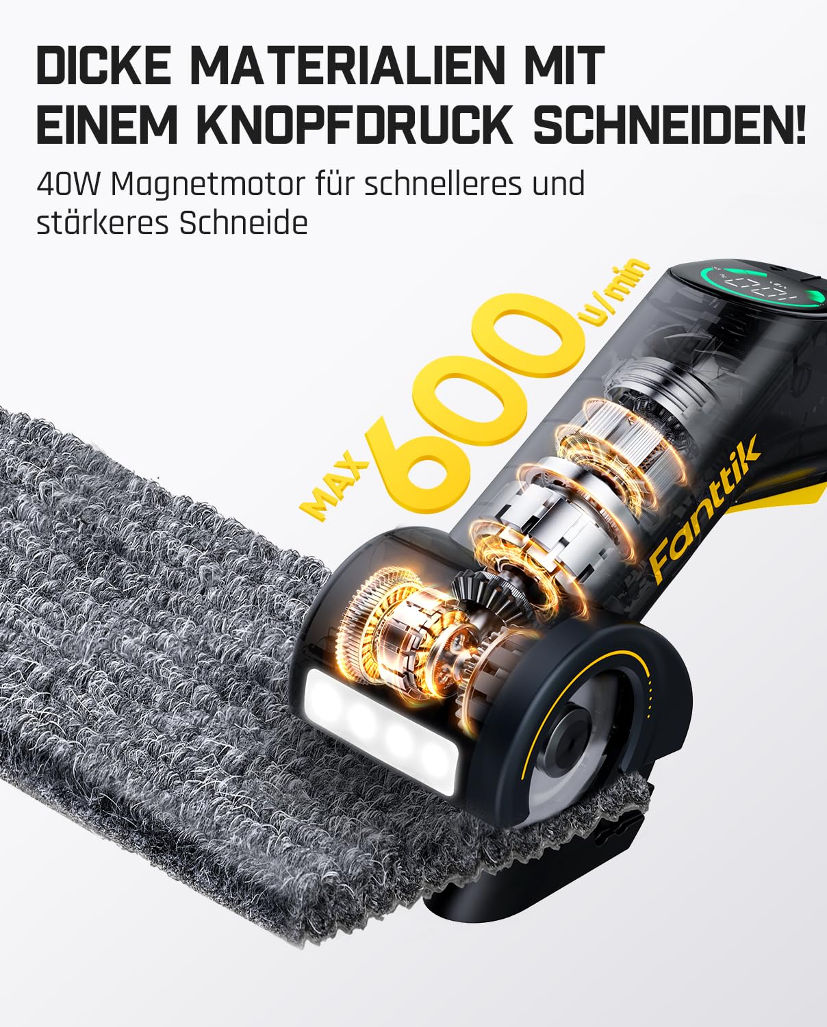 Fanttik C10 Pro BowGuide Elektrischer Kartonschneider, Kalbellose Schere mit LED Anzeige, 2-Geschwindigkeiten, Wiederaufladbarer Rotationsschneider mit Klingen für Stoff, Teppich, Leder, Karton