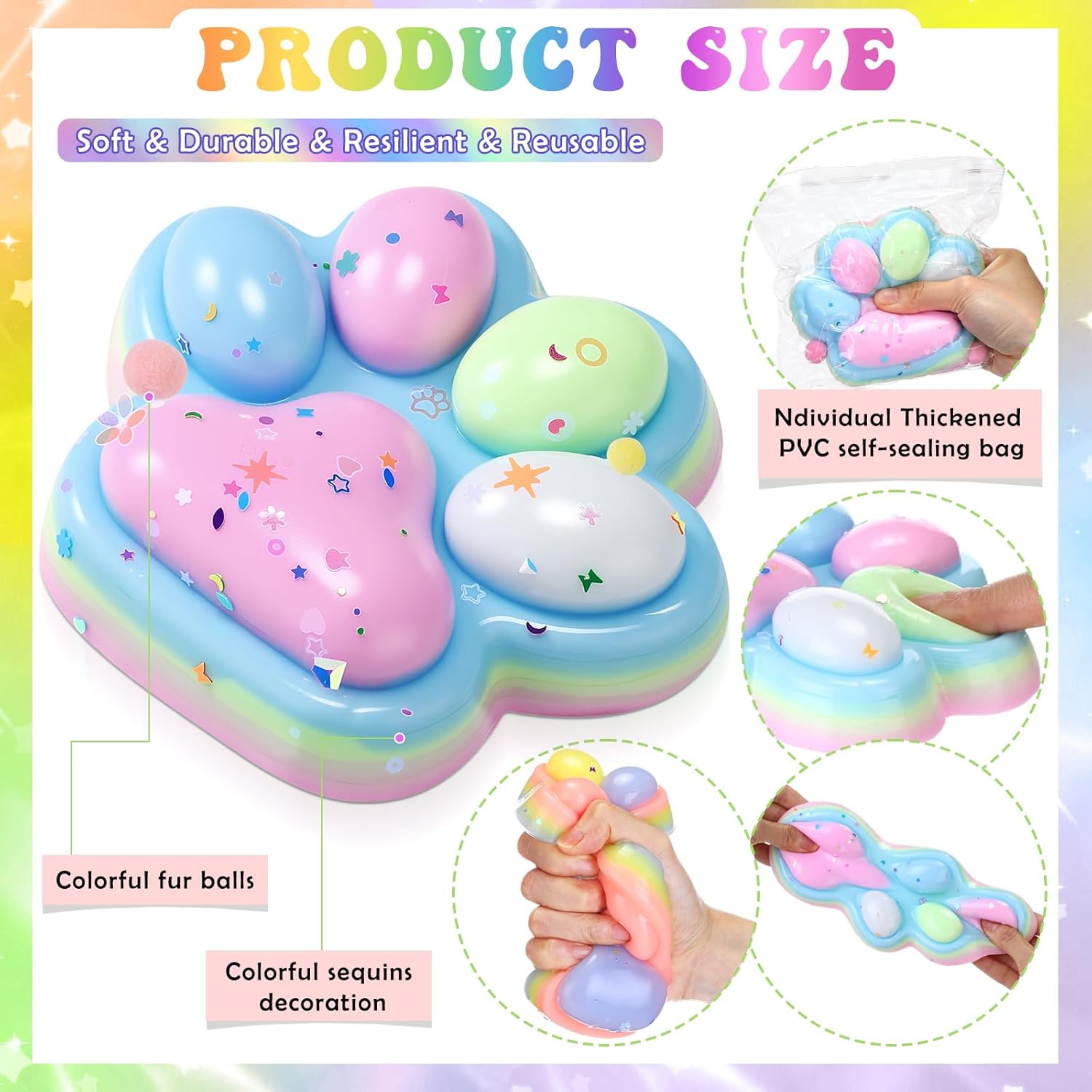 10 Pack 5 Inch Giant Cat Paw Taba Squeeze, Big Cat Paw Squeeze Colorful Large Taba Soft Silicone Handmade Stretchable Springy Gifts for Adult Office Stress Relief Birthday Novelty (Sequin)