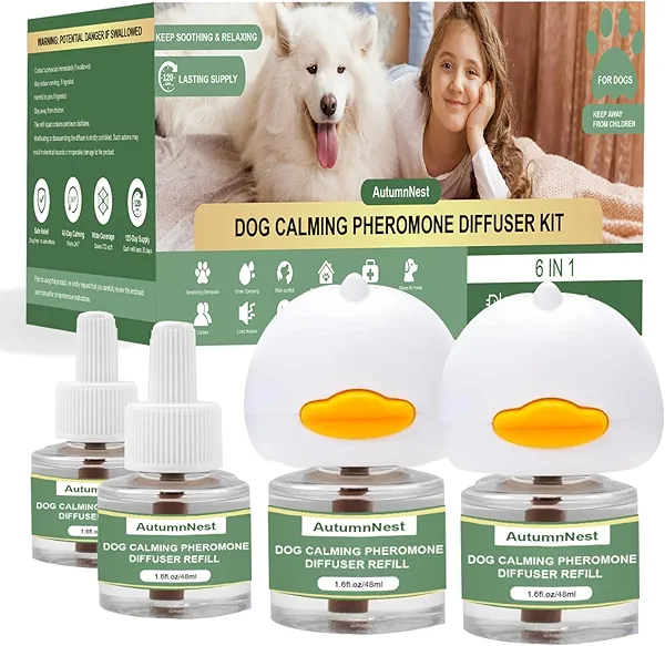 AutumnNest Dog Pheromone Calming Diffuser Kit, Pet Diffuser Kit (2 Plug-in + 4 Packs 48ml Refill) for Stress Support, Helps Reduce Barking & Aggression, 120 Day Supply (Non-Toxic, Safe & Inedible)