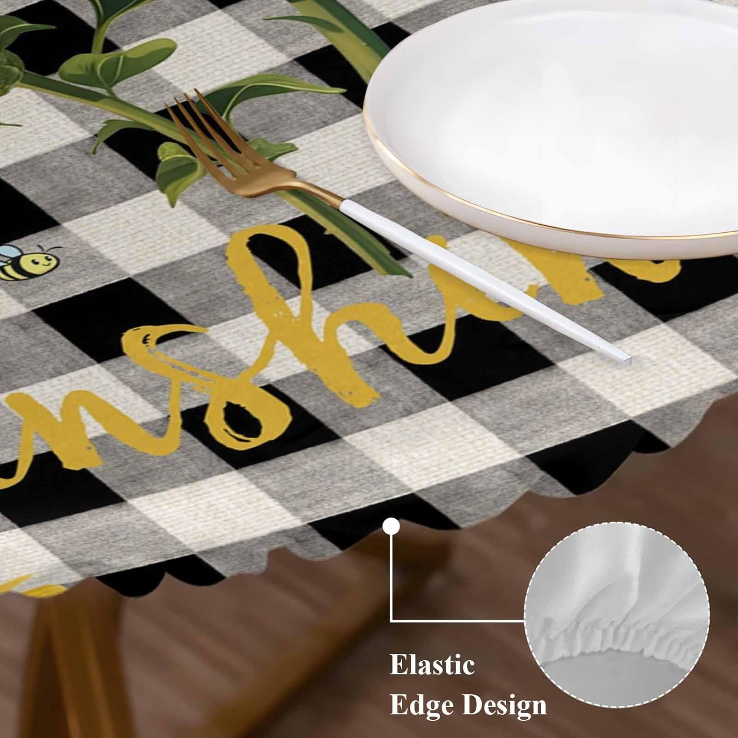Black White Buffalo Plaid Check Round Tablecloth Fitted Table Cover, Country Sunflower Bee Elastic Tablecloths Waterproof Outdoor Indoor Stretch Cloth Tablecover for Dinner, Party, Shower, 55-60IN
