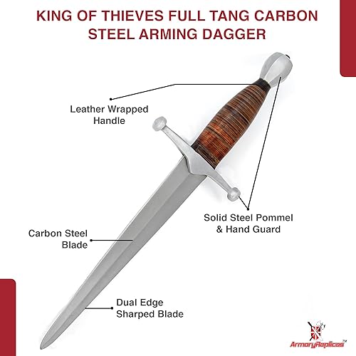Miniatura 3 de Armory Replicas Royal Arming Dagger - Hoja de acero de alto carbono 1095 con mango de cuero apilado, pomo y protector de acero, incluye funda de