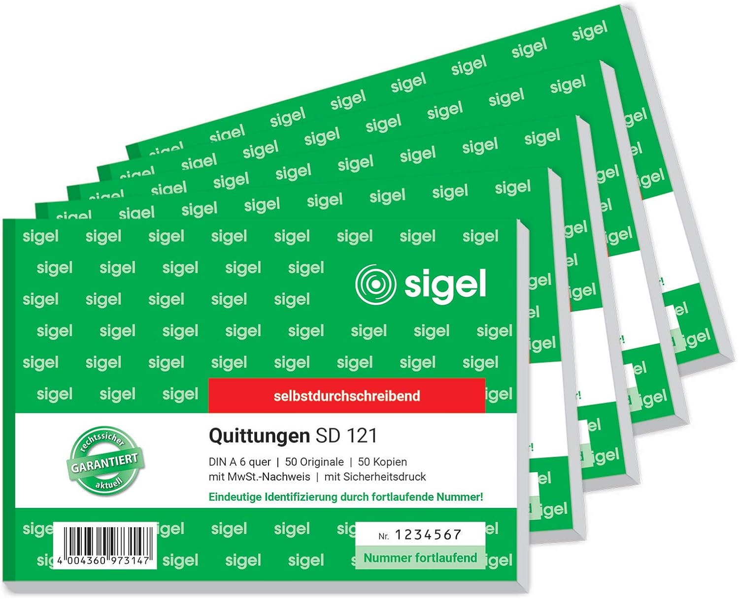 SIGEL SD121/5 blok pokwitowań numerowany sekwencyjnie, jednoznaczny 7-cyfrowy numer, A6 poprzeczny, 5 sztuk, 2 x 50 arkuszy, samoksiążka, z papieru zrównoważonego