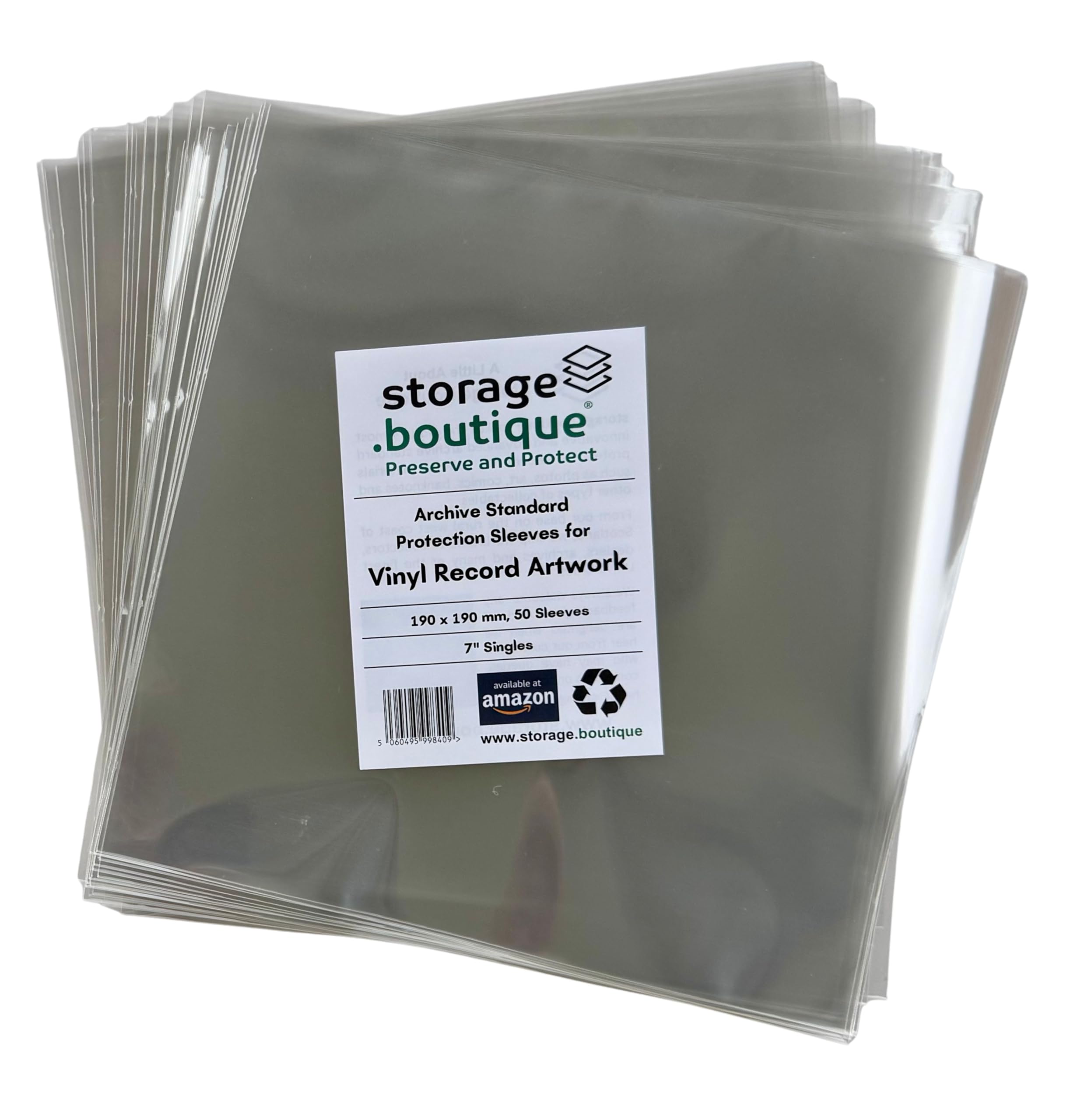 storage.boutique, 7" Single Vinyl Record (45RPM) Protective Sleeves, Archive Standard, Acid Free, 190 x 190 mm, 50