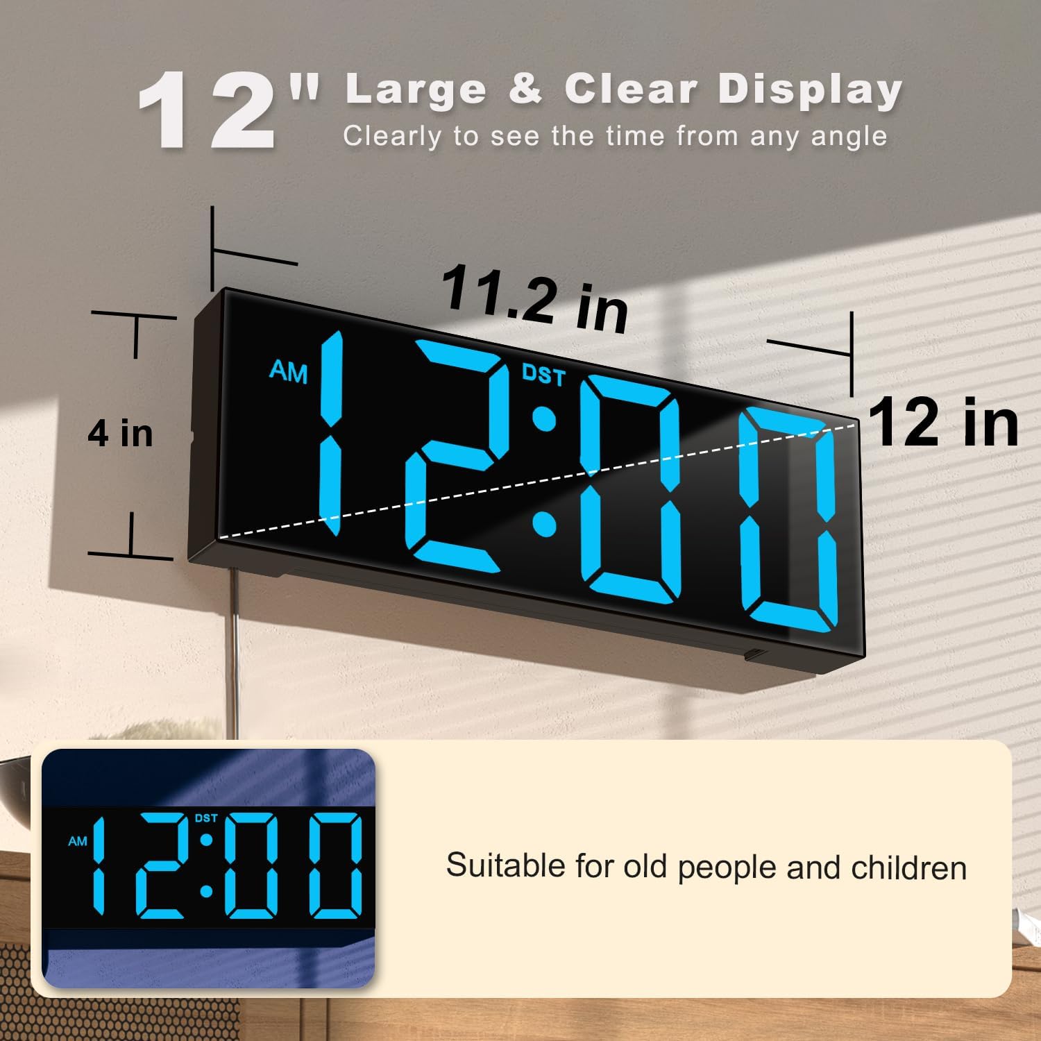jall 12'' large digital wall clock, big led number dispaly, dst, night light for classroom, living room, bedroom, mounted, birthday xmas gift for senior, mem womem mom dad, blue blue 12 inches