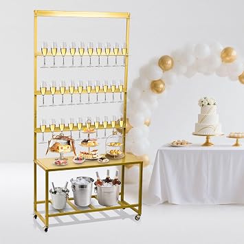 Champagne Wall Holder for Party, Champagne Tower Stand with Storage Shelf and Swivel Casters, 4-Tier Gold Metal Flutes Display Stand Hold 40 Glasses, Suitable for Wedding, Christmas