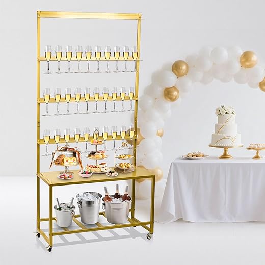 Champagne Wall Holder for Party, Champagne Tower Stand with Storage Shelf and Swivel Casters, 4-Tier Metal Champagne Flutes Display Stand Hold 40 Glasses, Suitable for Wedding, Christmas