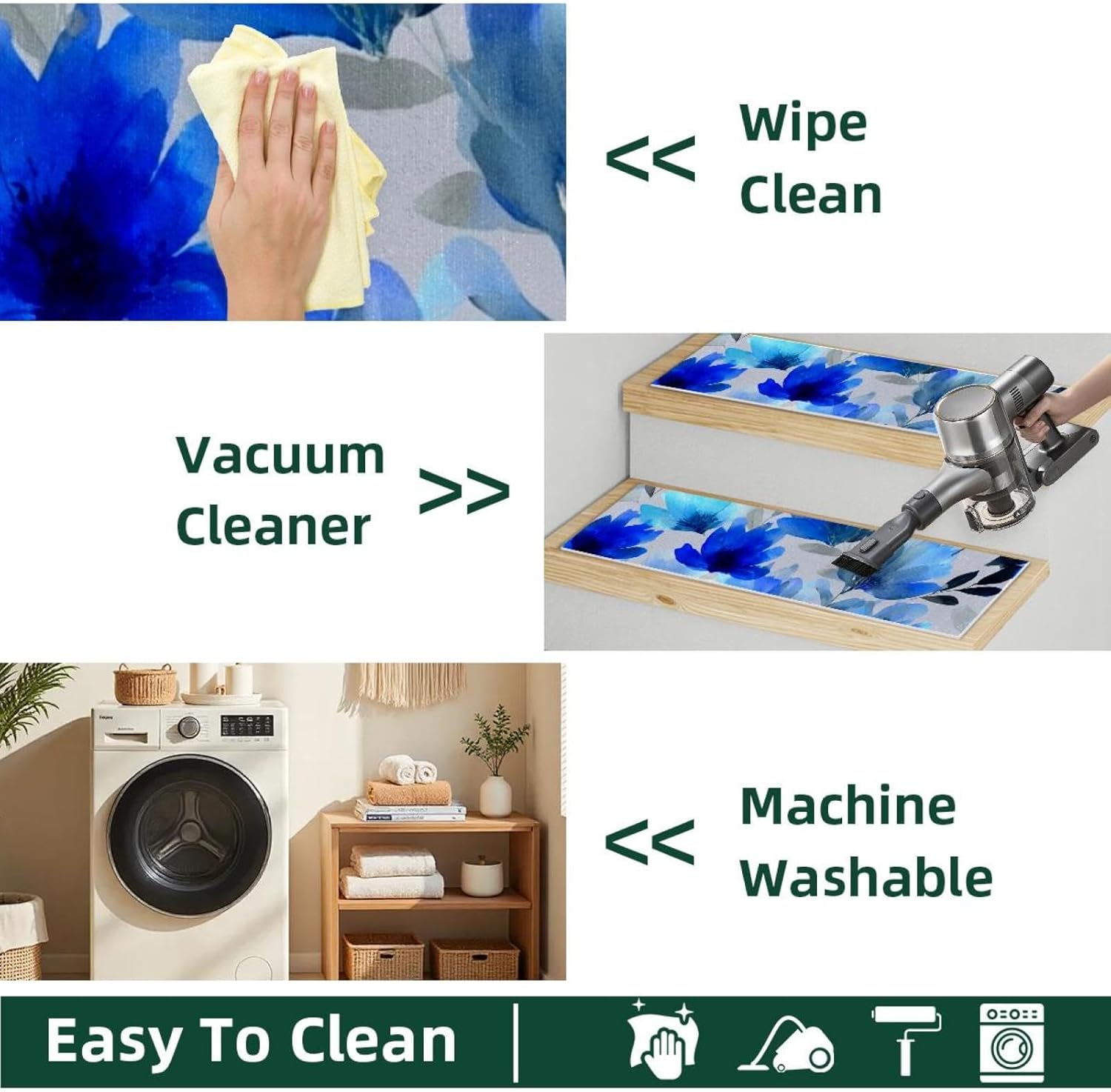 15 Pack Blue Flowers Watercolor Floral (3) Carpet Stair Treads for Wooden Steps Indoor, Slip Resistant Stair Rug Staircase Step Treads Pads for Pet, Kids and Elderly